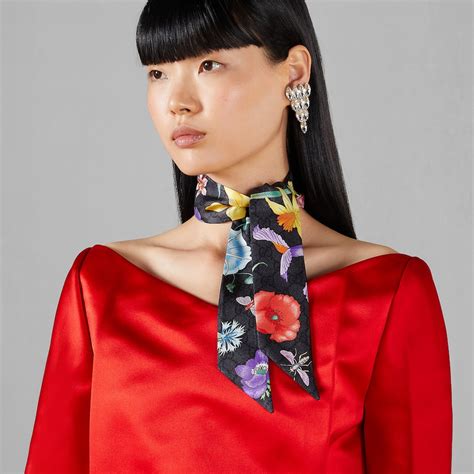 gucci ditzy floral print|Flora print silk neck bow in black and multicolor .